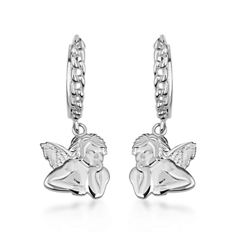 .925 Sterling Silver Cherub Angel Wings Cuban Link Huggie Earrings