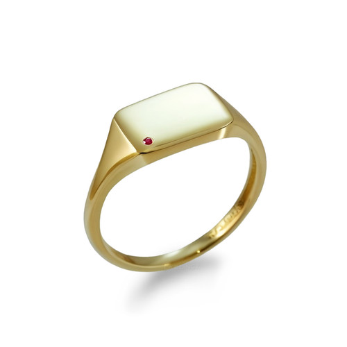 Polished Gold Square Signet Ruby Pinky Ring