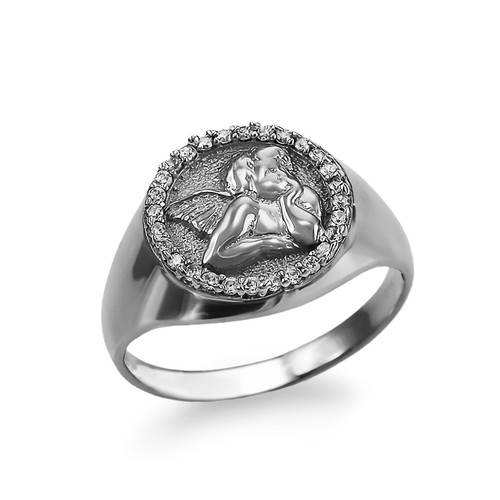 Sterling Silver Cupid Cherub Angel Halo CZ Round Signet Ring