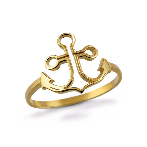 Gold Nautical Anchor Cross Women's Ring Elegant Openwork Design