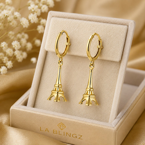 14K Yellow Gold Paris Eiffel Tower 3D Dangle Hoop Earrings