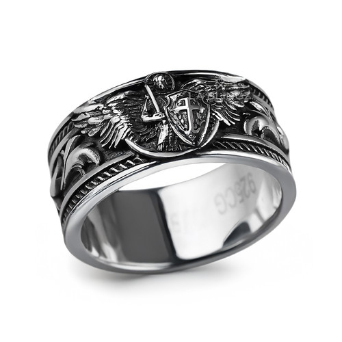 Solid Sterling Silver Oxidized Saint Michael Archangel Ornate Ring Band Solid Sterling Silver Oxidized Saint Michael Archangel Ornate Ring Band
