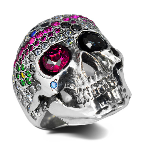 Mens Sterling Silver Sugar Skull Ring with Pirate Eye Patch Red Black and Multicolor CZ Stones