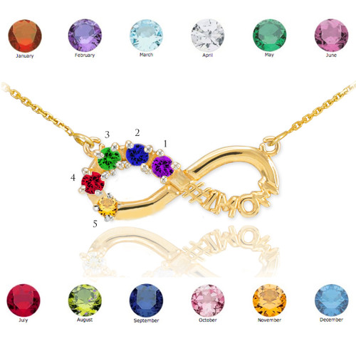 14K Gold Infinity #1MOM Necklace with Five CZ Birthstones
