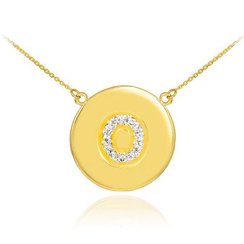 14k Polished Gold Letter "O" Initial Diamond Disc Necklace