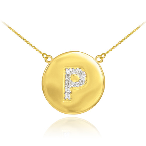 14k Polished Gold Letter "P" Initial Diamond Disc Necklace