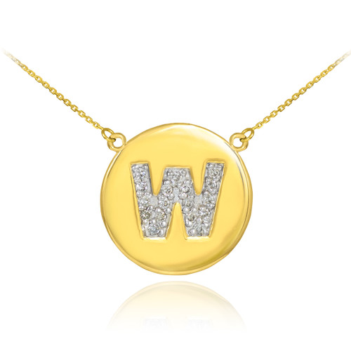 14k Polished Gold Letter "W" Initial Diamond Disc Necklace