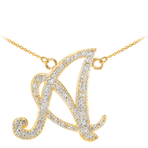 14k Gold Letter Script "A" Diamond Initial Necklace