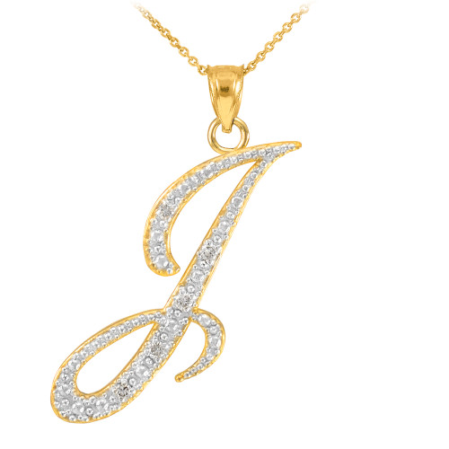 14k Gold Letter Script "I" Diamond Initial Pendant Necklace