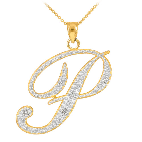 14k Gold Letter Script "P" Diamond Initial Pendant Necklace