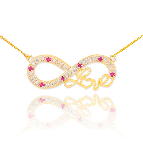 14k Gold Ruby Infinity "Love" Script Necklace with Diamonds
