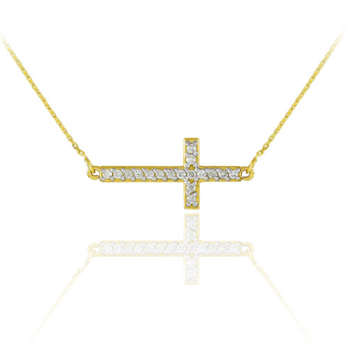 14K Gold Sideways Cross Cute CZ Necklace