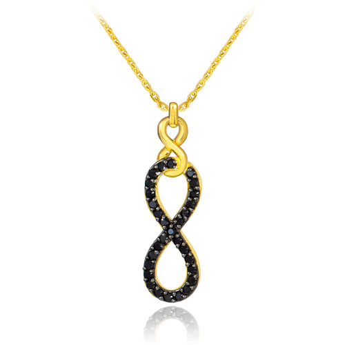 Vertical infinity necklace with black diamonds in 14k gold.