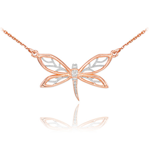 14k Rose Gold Diamond Dragonfly Filigree Necklace