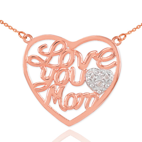 14K Rose Gold Diamond Pave Heart "Love You Mom" Script Necklace
