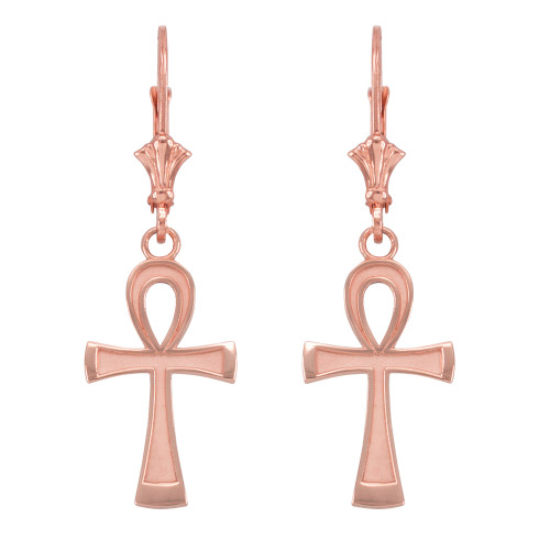 14K Rose Gold Egyptian Ankh Cross Earrings