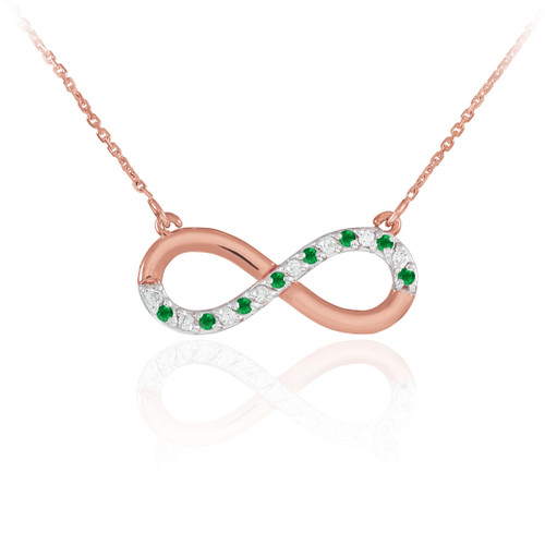 14K Rose Gold Emerald and Diamond Infinity Necklace
