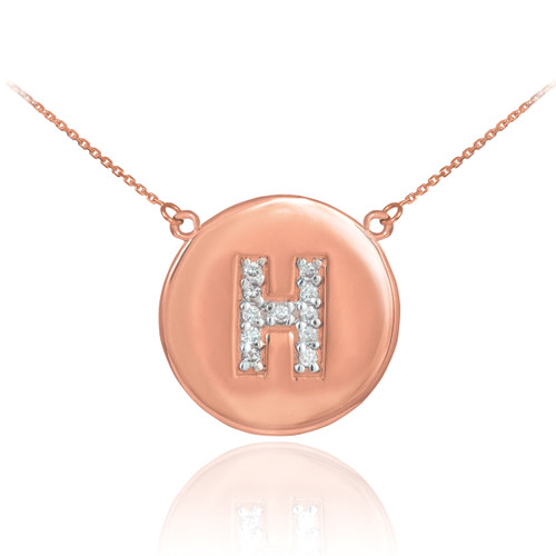 Letter "H" disc necklace with diamonds in 14k rose gold.