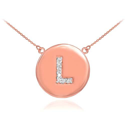 Letter "L" disc necklace with diamonds in 14k rose gold.