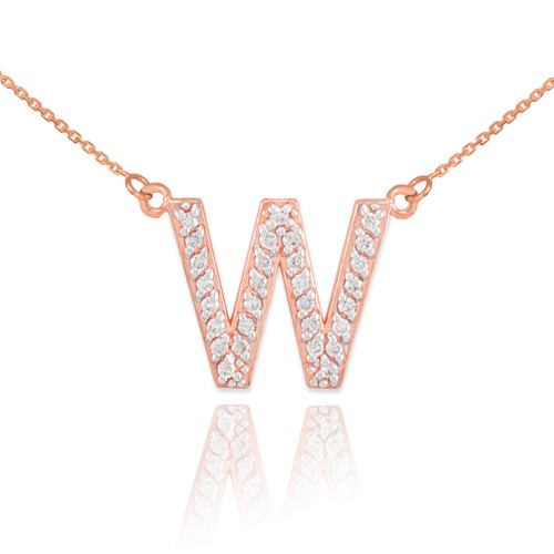 14k Rose Gold Letter "W" Diamond Initial Monogram Necklace