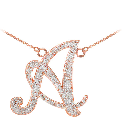 14k Rose Gold Letter Script "A" Diamond Initial Necklace