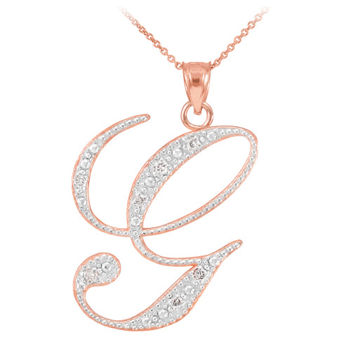 14k Rose Gold Letter Script "G" Diamond Initial Pendant Necklace