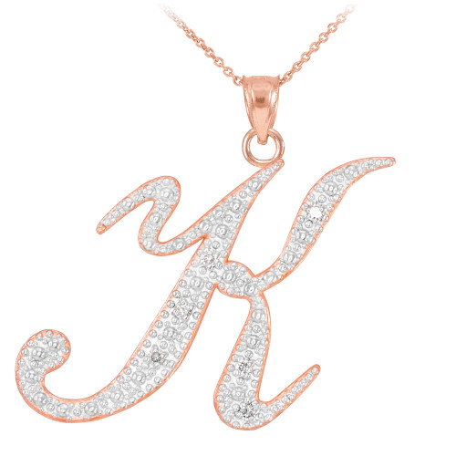 14k Rose Gold Letter Script "K" Diamond Initial Pendant Necklace