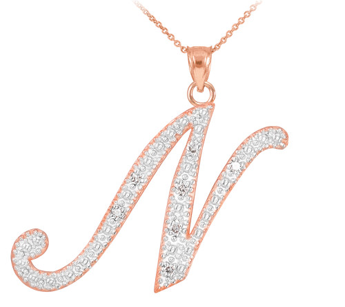 14k Rose Gold Letter Script "N" Diamond Initial Pendant Necklace