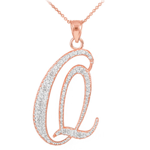 14k Rose Gold Letter Script "Q" Diamond Initial Pendant Necklace