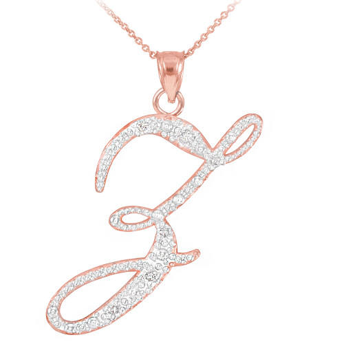 14k Rose Gold Letter Script "Z" Diamond Initial Pendant Necklace