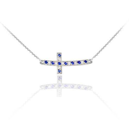 14K White Gold Cute Sideways Curved Cross Blue and Clear CZ Necklace