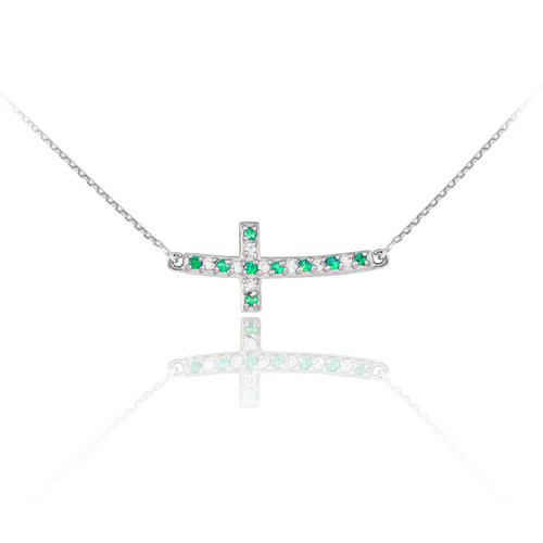 14k White Gold Diamond and Emerald Sideways Curved Cross Necklace