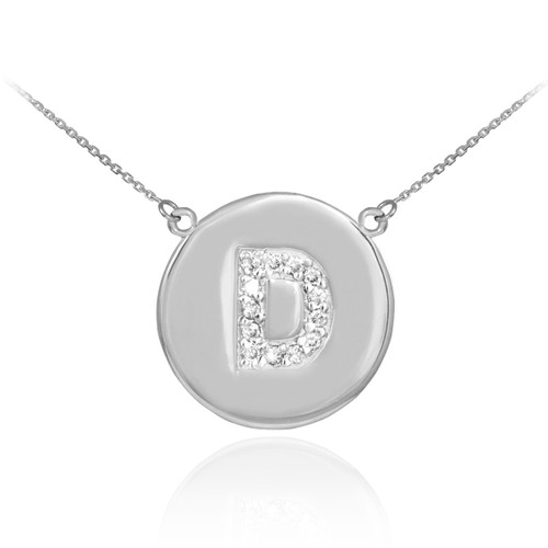 Letter "D" disc necklace with diamonds in 14k white gold.