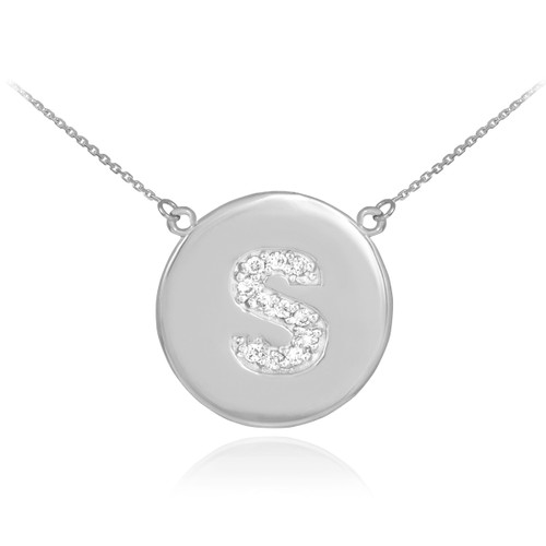 14k White Gold Letter "S" Initial Diamond Disc Necklace