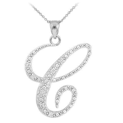 14k White Gold Letter Script "C" Diamond Initial Pendant Necklace