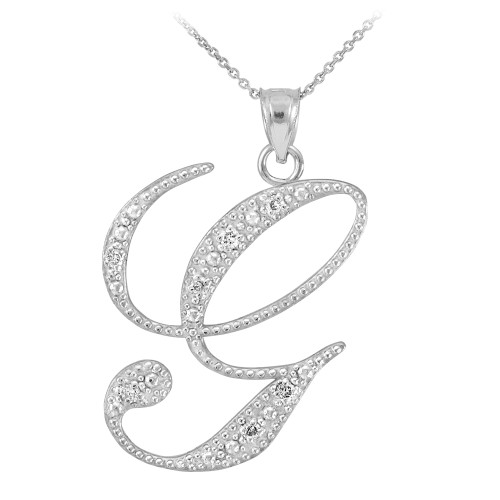 14k White Gold Letter Script "G" Diamond Initial Pendant Necklace