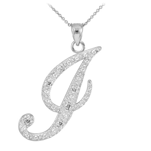 14k White Gold Letter Script "J" Diamond Initial Pendant Necklace