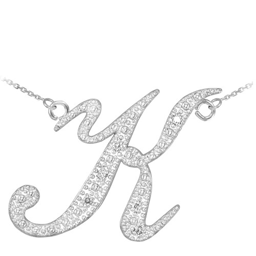 14k White Gold Letter Script "K" Diamond Initial Necklace