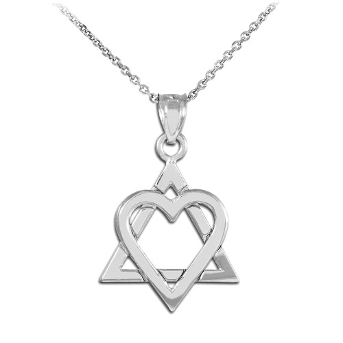 925 Sterling Silver Star of David Heart Medium Pendant Necklace