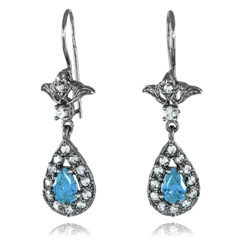 Black Silver Teardrop Aquamarine CZ Earrings