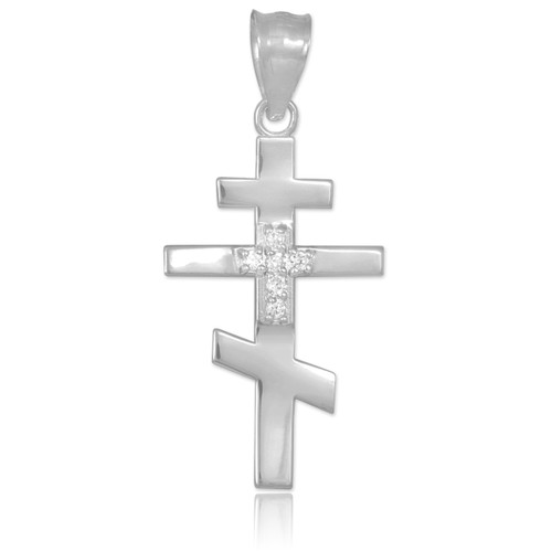 Diamond Studded White Gold Russian Orthodox Cross Pendant