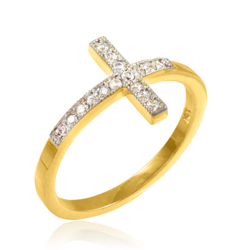 Gold Diamond Pave Sideways Cross Ring