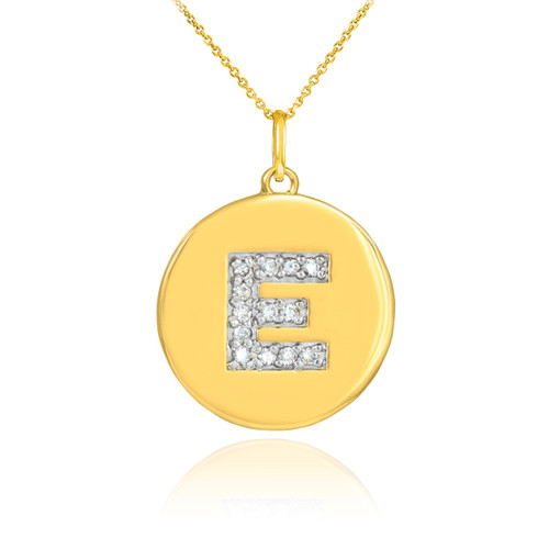 Letter "E" disc pendant necklace with diamonds in 10k or 14k yellow gold.