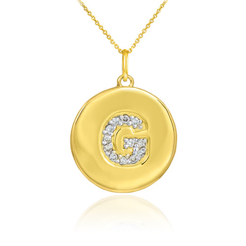 Letter "G" disc pendant necklace with diamonds in 10k or 14k yellow gold.