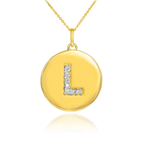 Letter "L" disc pendant necklace with diamonds in 10k or 14k yellow gold.