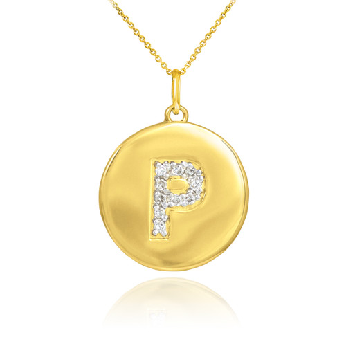 Gold Letter "P" Initial Diamond Disc Pendant Necklace
