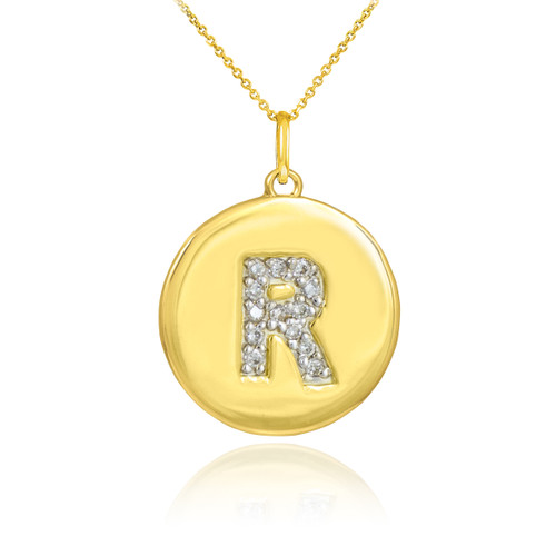 Gold Letter "R" Initial Diamond Disc Pendant Necklace