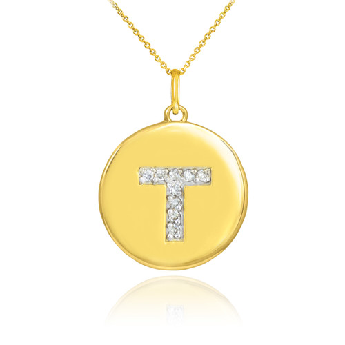 Gold Letter "T" Initial Diamond Disc Pendant Necklace