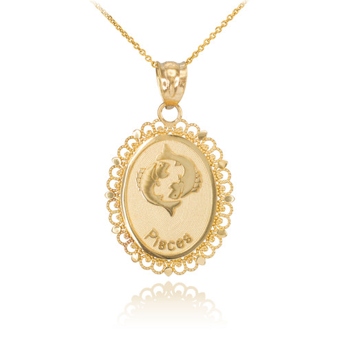Gold Pisces Zodiac Sign Filigree Oval Pendant Necklace