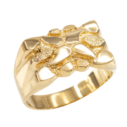 High Polish Yellow Gold Textured Nugget Ring for Men